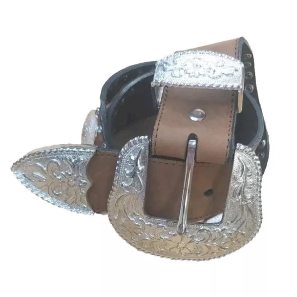 Nocona Hair On Hide Leather Belt  Conchos Rhinestone Bling Brown Woman M Western